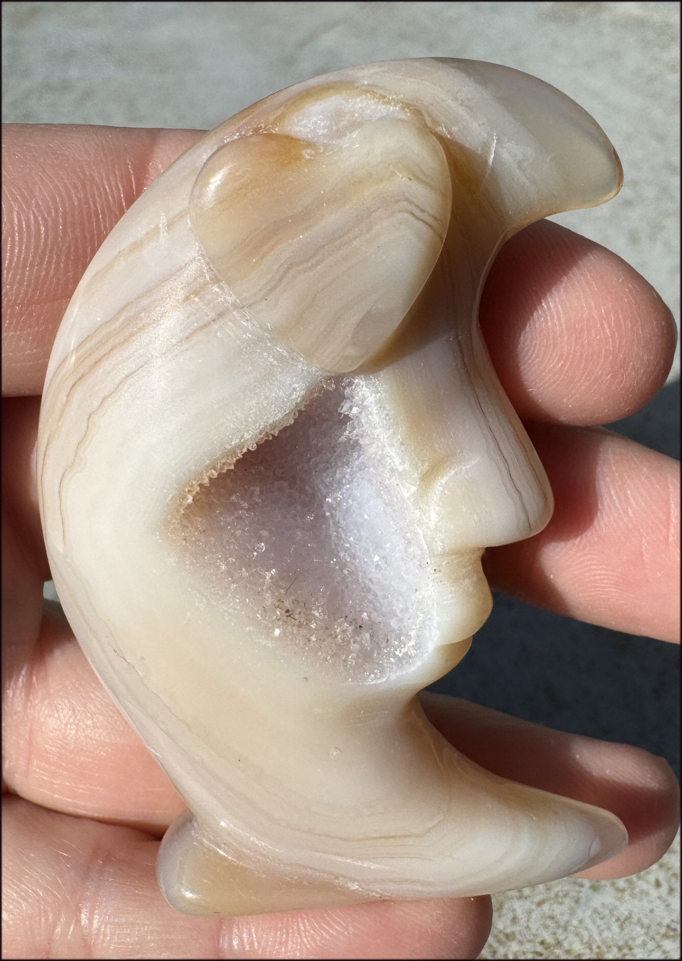 Peachy Banded AGATE Crescent MOON with Fantastic Druzy lined VUG