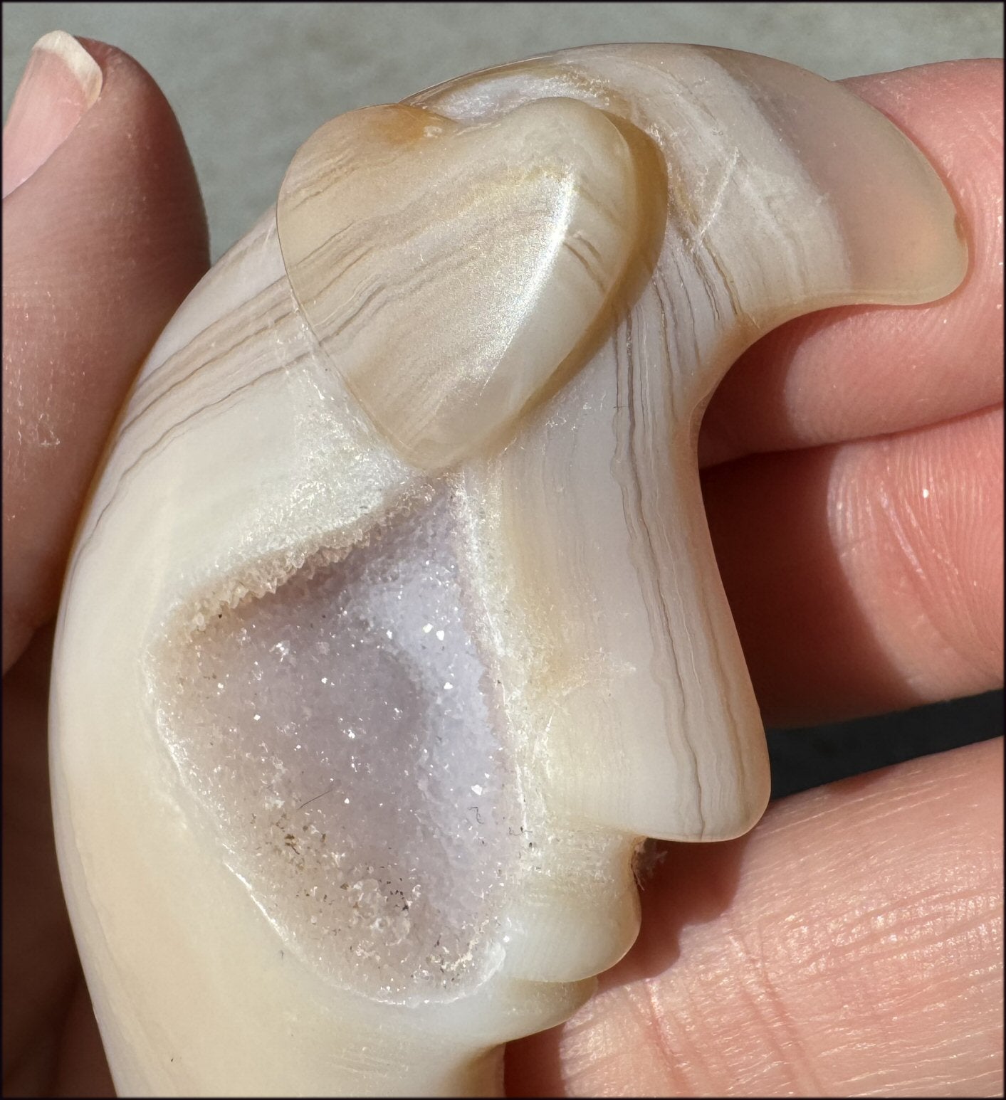 Peachy Banded AGATE Crescent MOON with Fantastic Druzy lined VUG