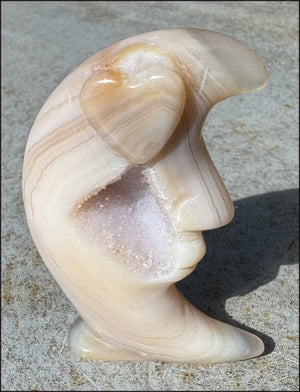 Peachy Banded AGATE Crescent MOON with Fantastic Druzy lined VUG