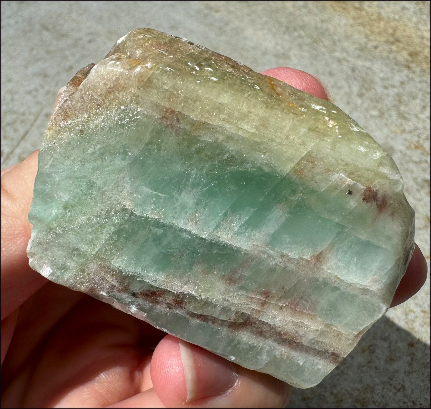 Banded GREEN Calcite Crystal Specimen with Hematite - Abundance, Intuition