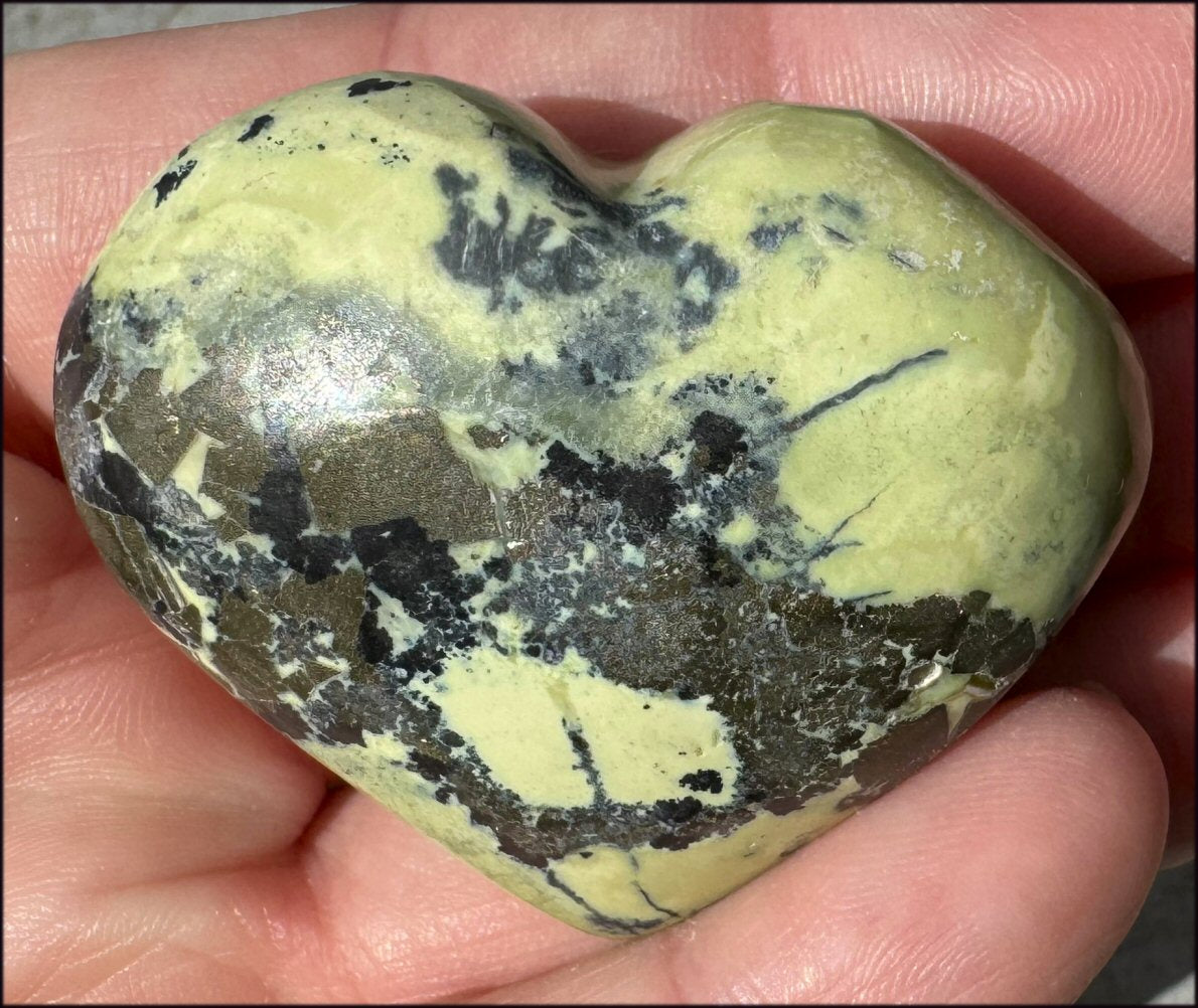 Peruvian GREEN Opal Crystal Heart with Lots of Pyrite - Heart Chakra, Stability