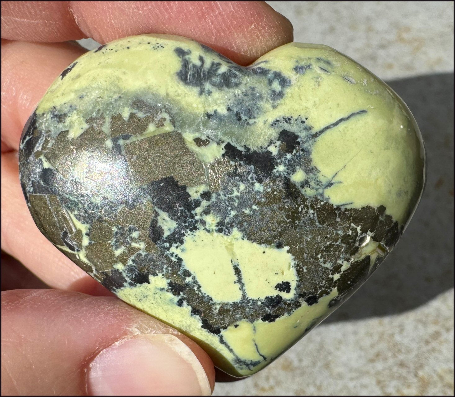 Peruvian GREEN Opal Crystal Heart with Lots of Pyrite - Heart Chakra, Stability