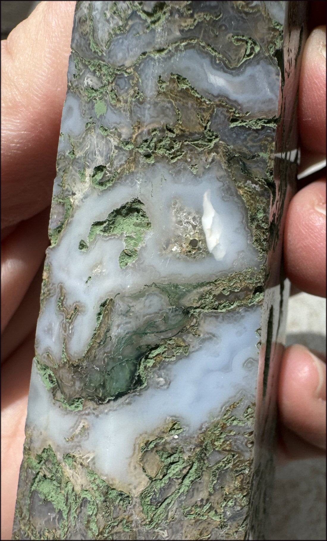 Lg. Moss Agate Obelisk / Standing Stone with Cool VUGS - Abundance