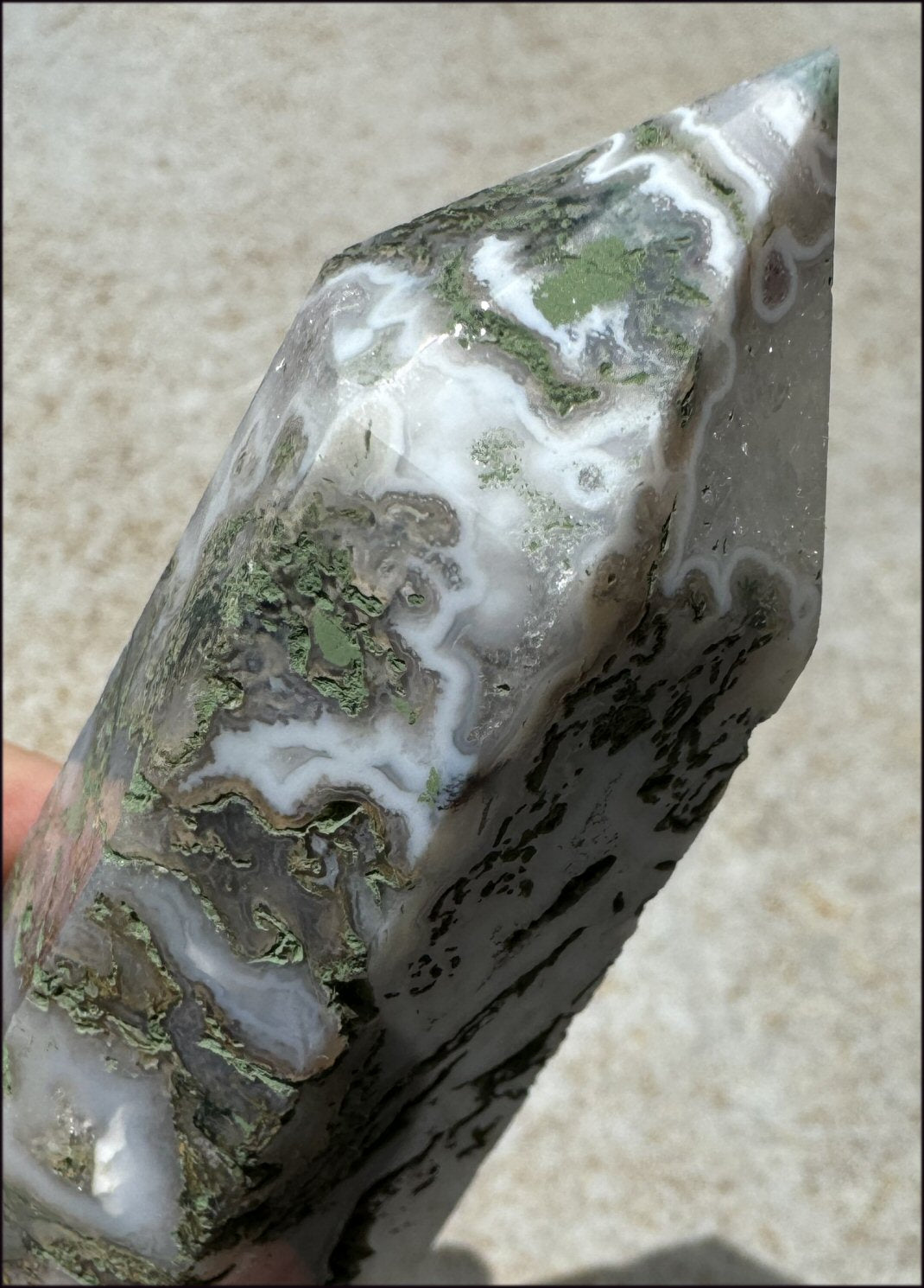 Lg. Moss Agate Obelisk / Standing Stone with Cool VUGS - Abundance