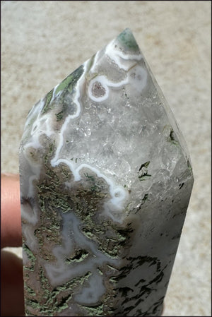 Lg. Moss Agate Obelisk / Standing Stone with Cool VUGS - Abundance