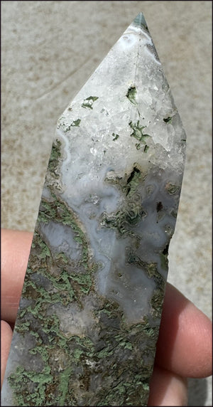 Lg. Moss Agate Obelisk / Standing Stone with Cool VUGS - Abundance