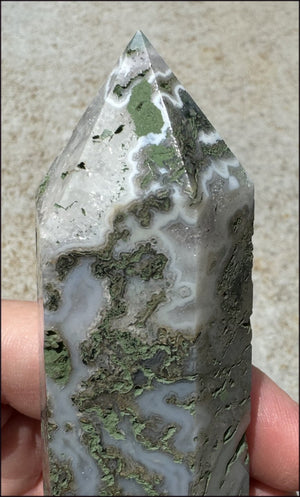 Lg. Moss Agate Obelisk / Standing Stone with Cool VUGS - Abundance