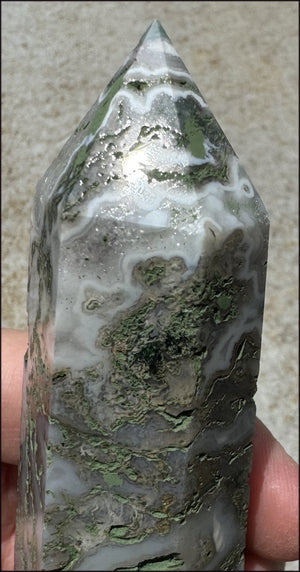 Lg. Moss Agate Obelisk / Standing Stone with Cool VUGS - Abundance