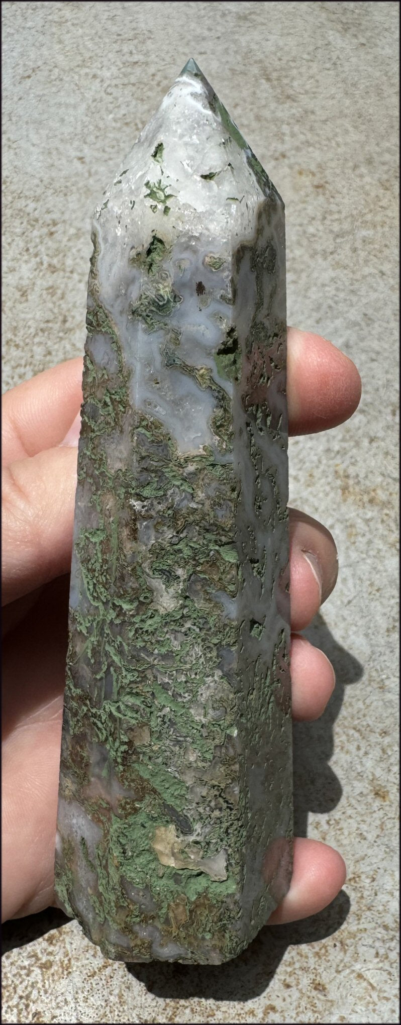 Lg. Moss Agate Obelisk / Standing Stone with Cool VUGS - Abundance