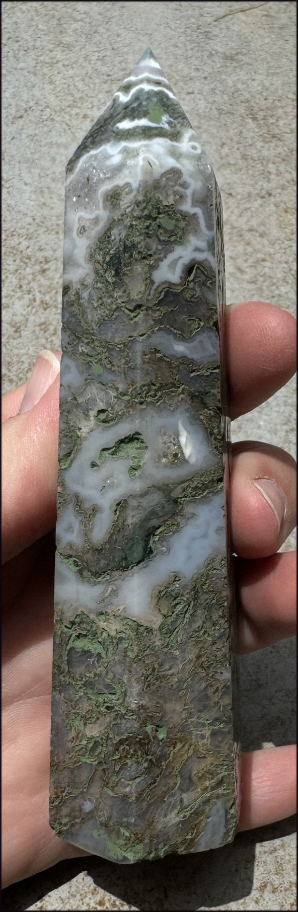 Lg. Moss Agate Obelisk / Standing Stone with Cool VUGS - Abundance