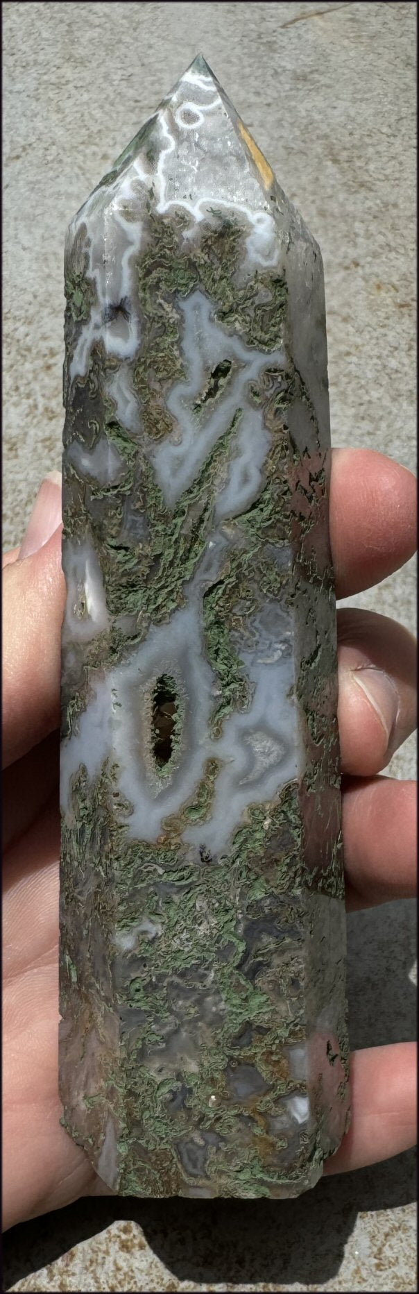 Lg. Moss Agate Obelisk / Standing Stone with Cool VUGS - Abundance