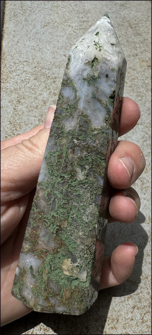 Lg. Moss Agate Obelisk / Standing Stone with Cool VUGS - Abundance