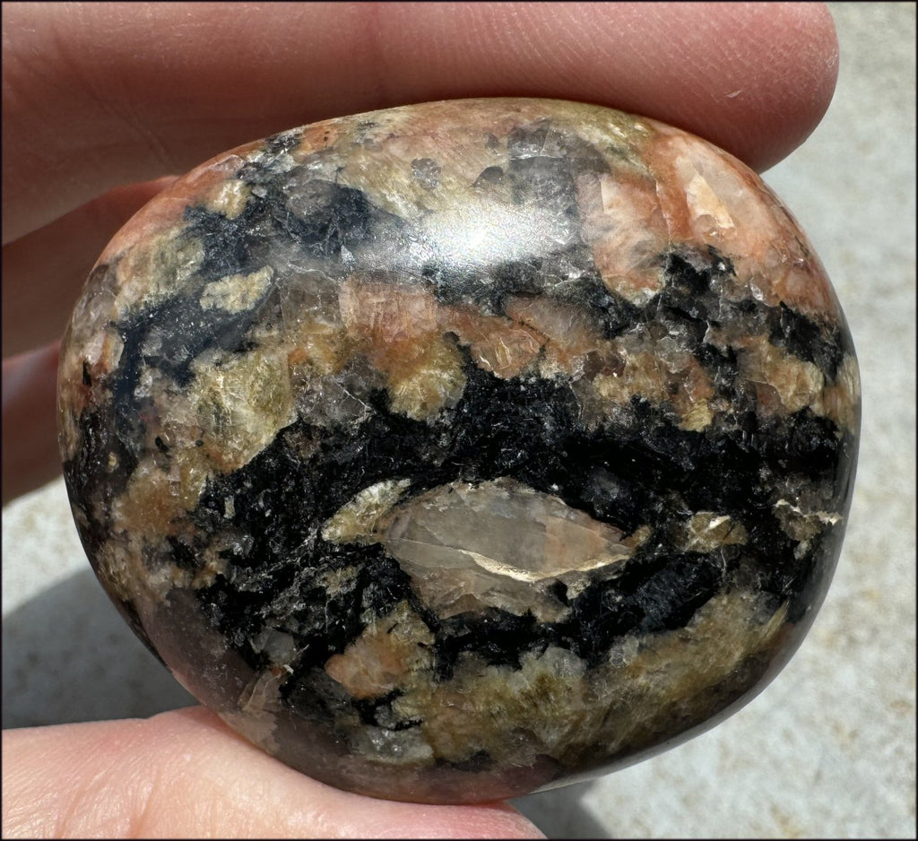 Volcano Feldspar Crystal Palm Stone with Black Tourmaline inclusions