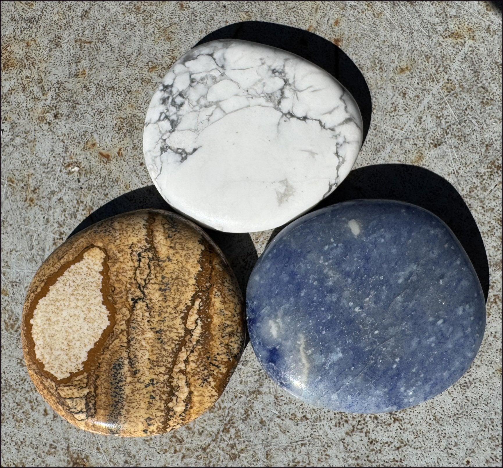 3pc Set Crystal Healing Palm Stones - Picture Rock Jasper, Howlite, Dumortierite