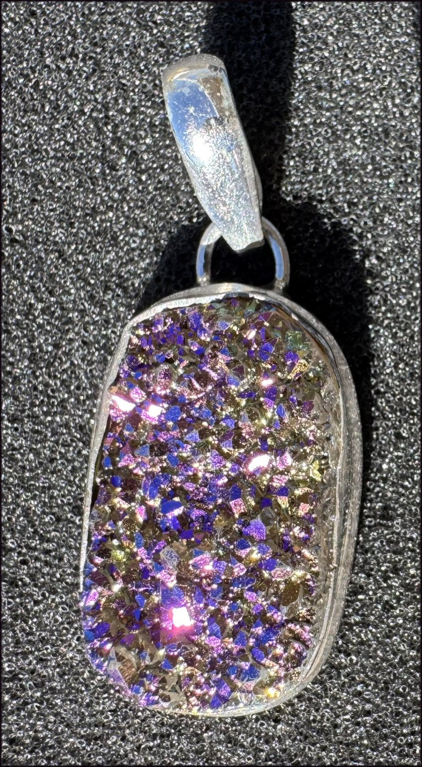 Sterling Silver and Titanium Flame Quartz Crystal Pendant - Clear+Clean Aura, Protection, Grounding