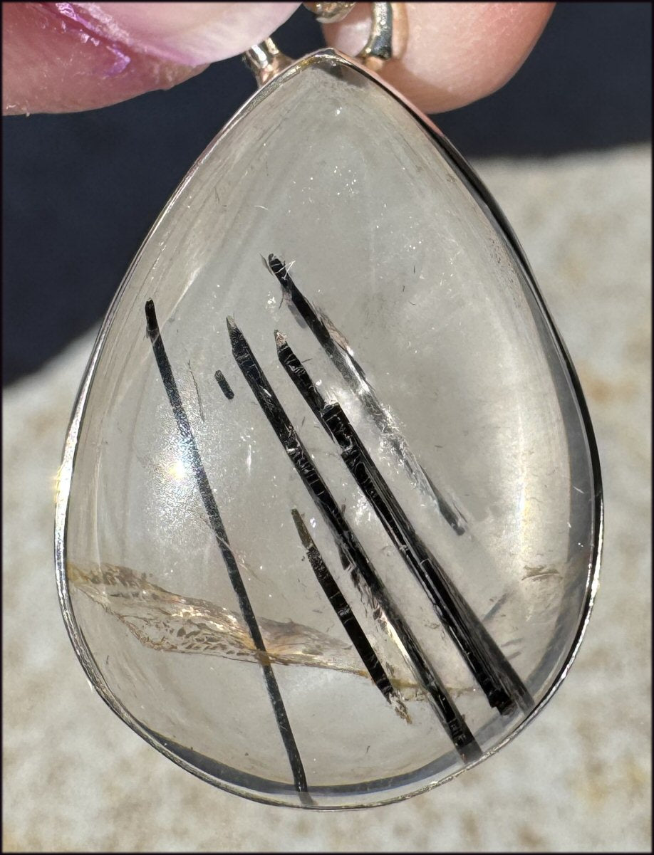 Sterling Silver and TOURMILATED QUARTZ Crystal Pendant with Hematite inclusions - Double strength protection and grounding!