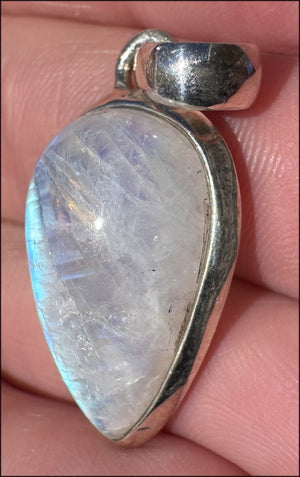 Sterling Silver and RAINBOW MOONSTONE Crystal Pendant - Calming, Enhance confidence