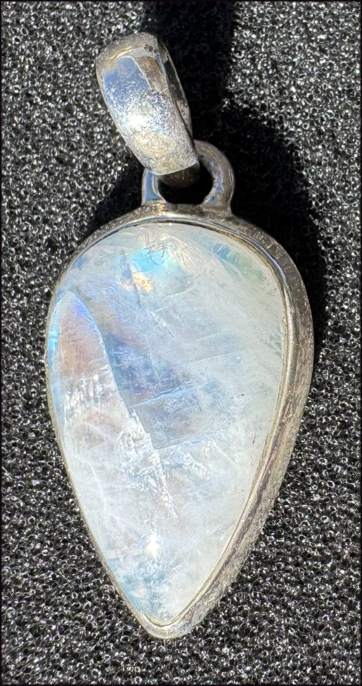 Sterling Silver and RAINBOW MOONSTONE Crystal Pendant - Calming, Enhance confidence