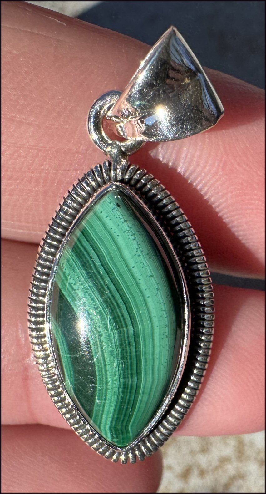 Sterling Silver and MALACHITE Crystal Pendant - Spiritual Transformation, Balance Heart Chakra