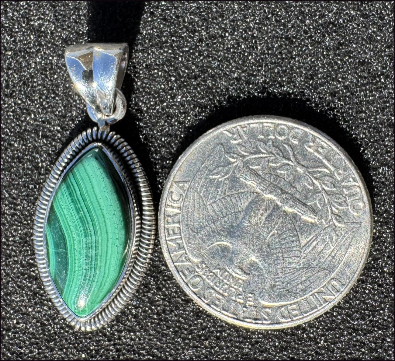 Sterling Silver and MALACHITE Crystal Pendant - Spiritual Transformation, Balance Heart Chakra