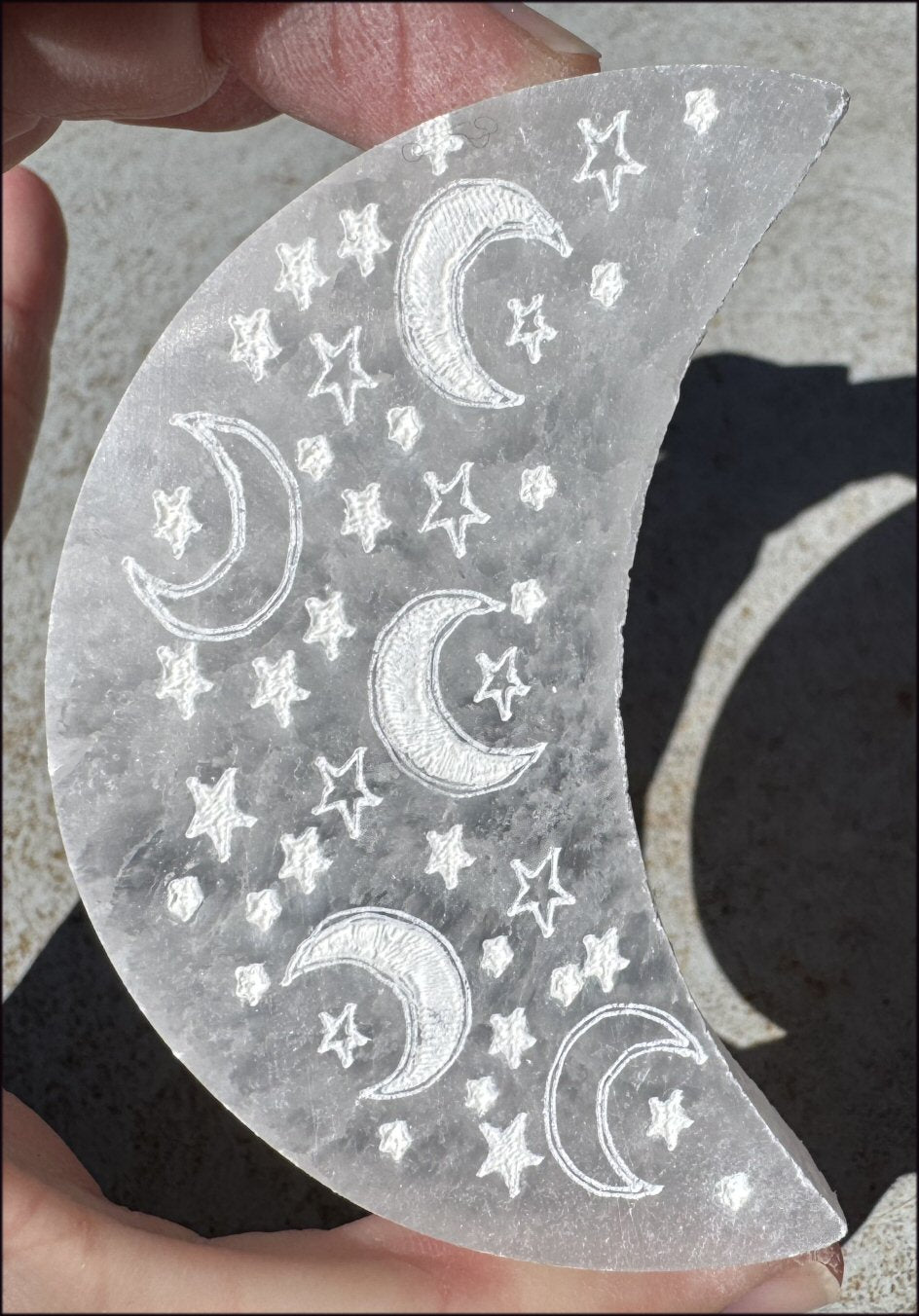 White Satin Spar SELENITE Crescent Moon Charging Plate - Calm, Clarity