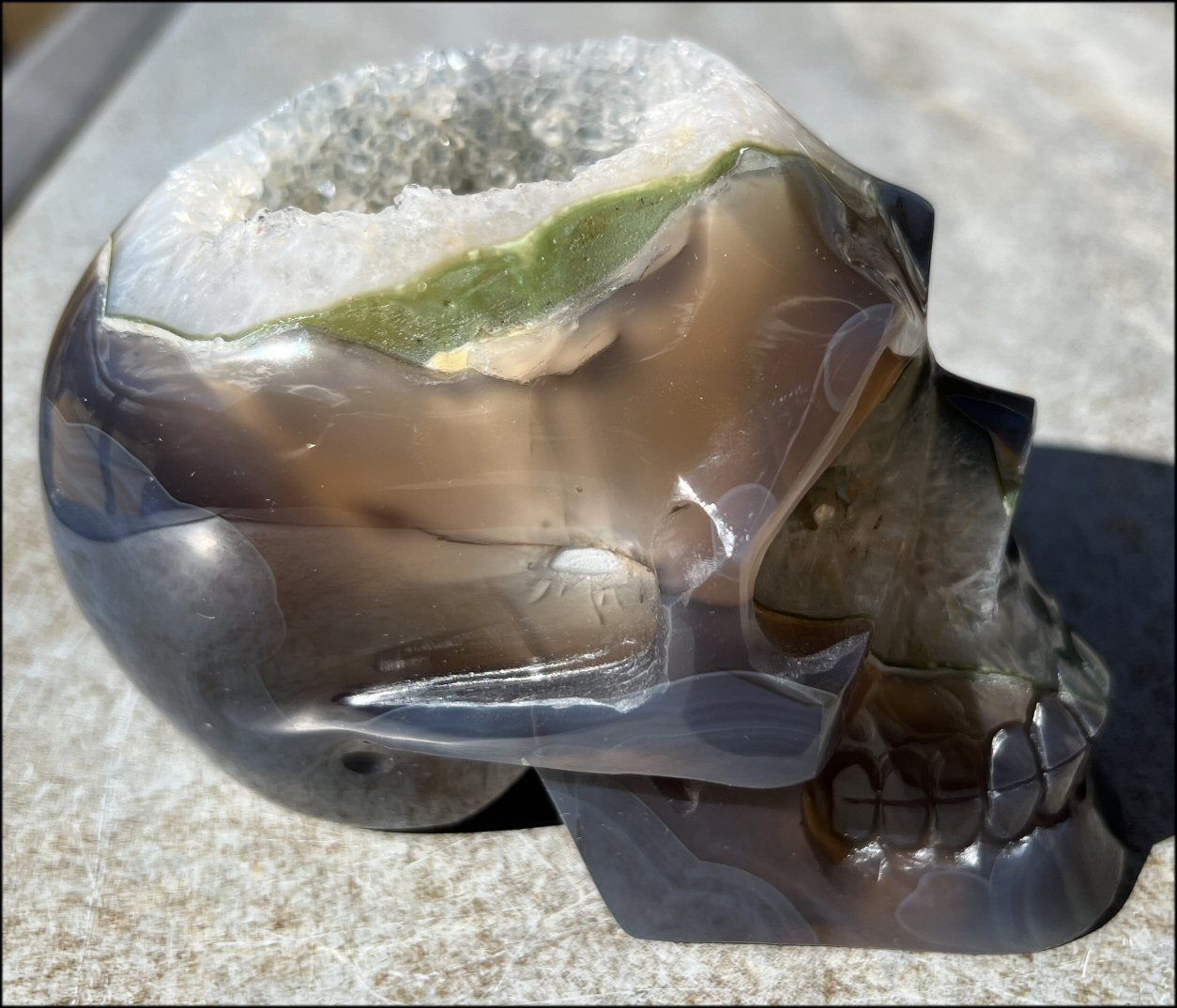 Baby Life-Size Agate GEODE Crystal Skull with BIG Druzy-lined VUG!