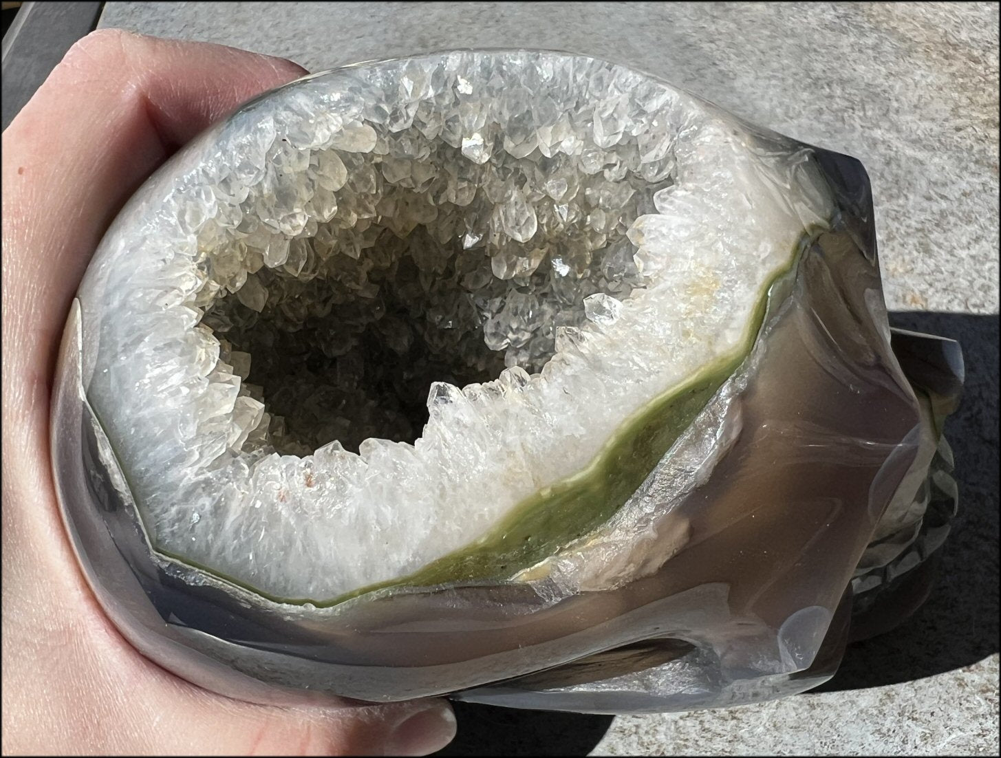 Baby Life-Size Agate GEODE Crystal Skull with BIG Druzy-lined VUG!