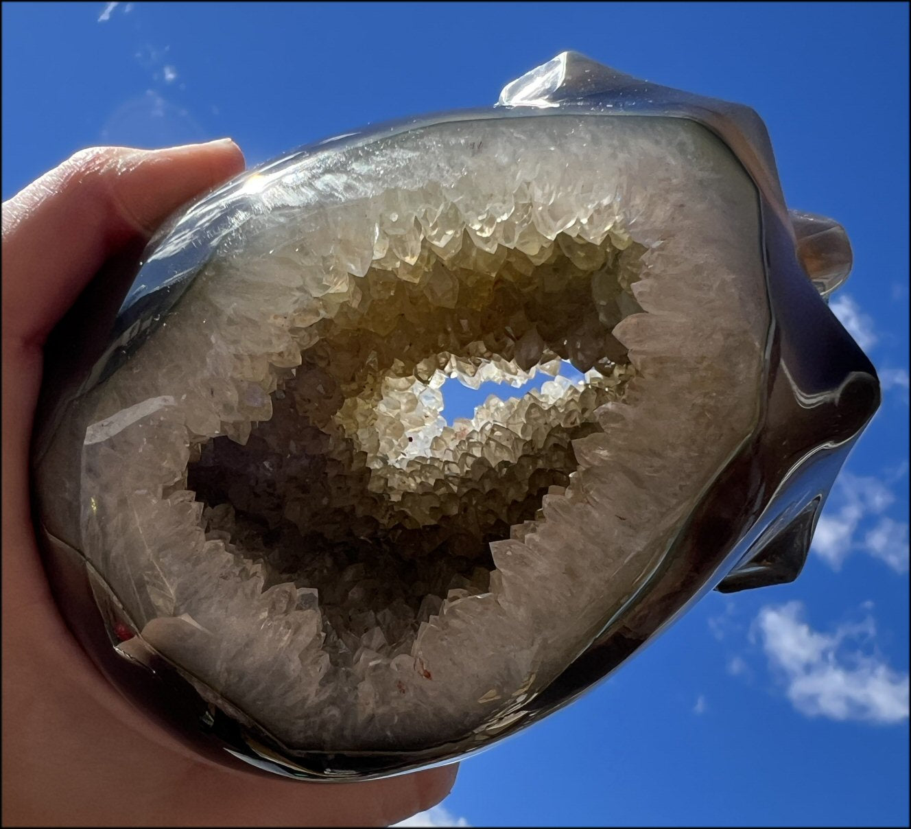 Baby Life-Size Agate GEODE Crystal Skull with BIG Druzy-lined VUG!