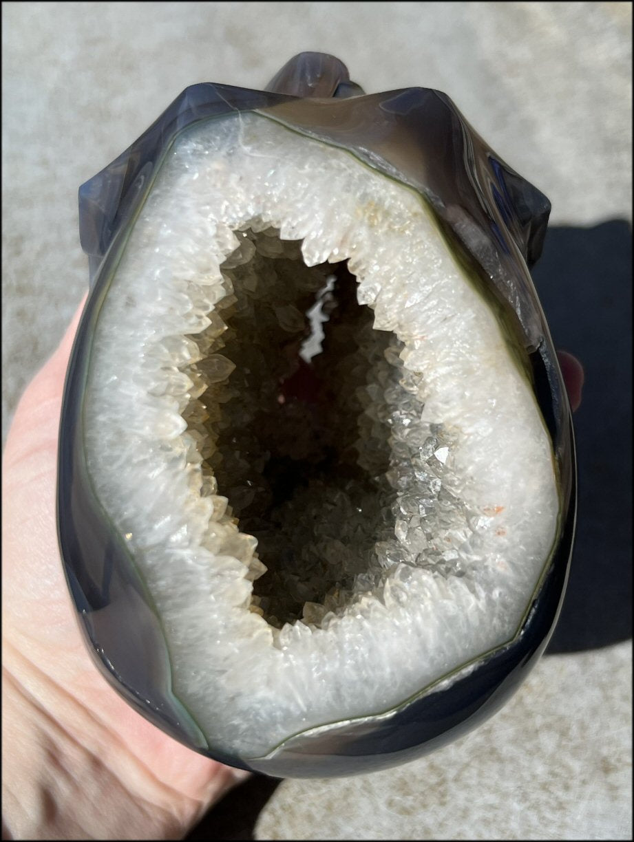 Baby Life-Size Agate GEODE Crystal Skull with BIG Druzy-lined VUG!