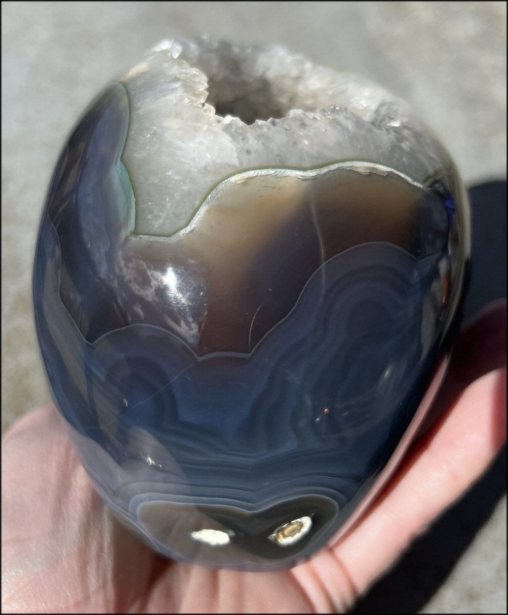 Baby Life-Size Agate GEODE Crystal Skull with BIG Druzy-lined VUG!