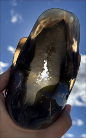 Baby Life-Size Agate GEODE Crystal Skull with BIG Druzy-lined VUG!