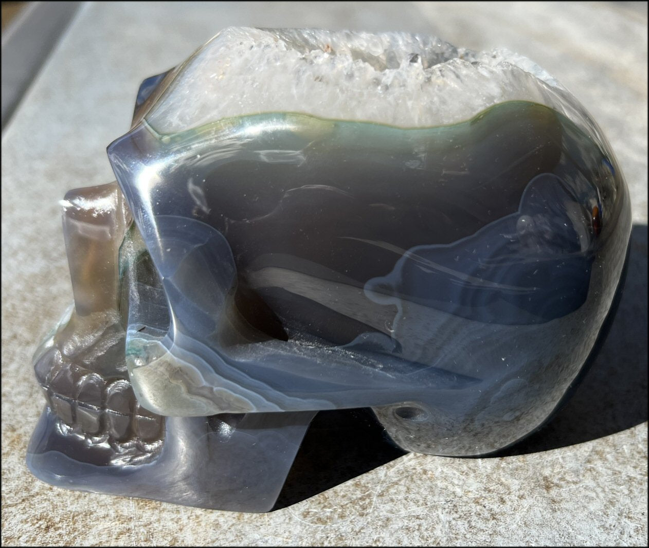 Baby Life-Size Agate GEODE Crystal Skull with BIG Druzy-lined VUG!