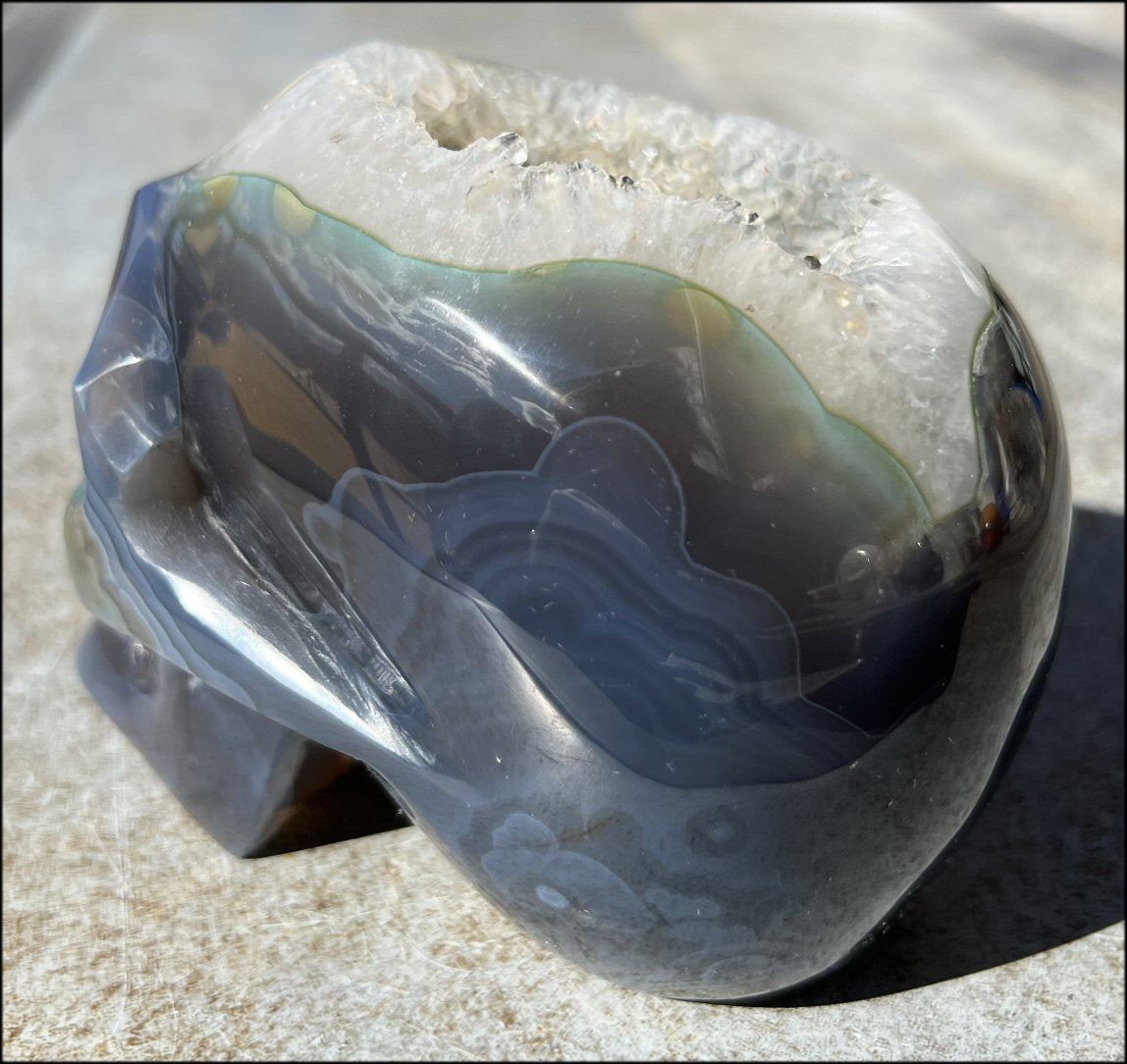 Baby Life-Size Agate GEODE Crystal Skull with BIG Druzy-lined VUG!