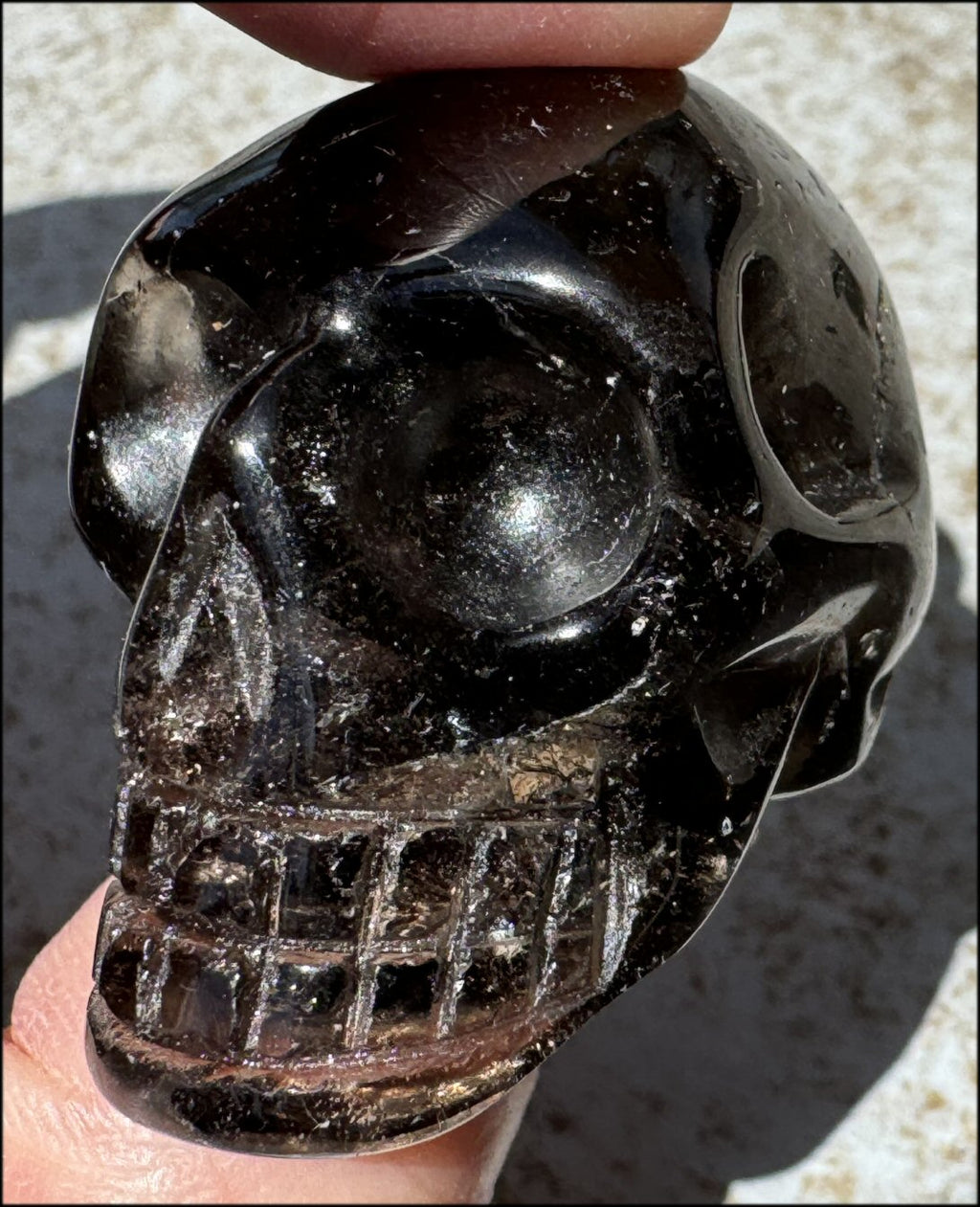 DARK Smoky Quartz Crystal Skull with Hematite inclusions - Dissolve negativity