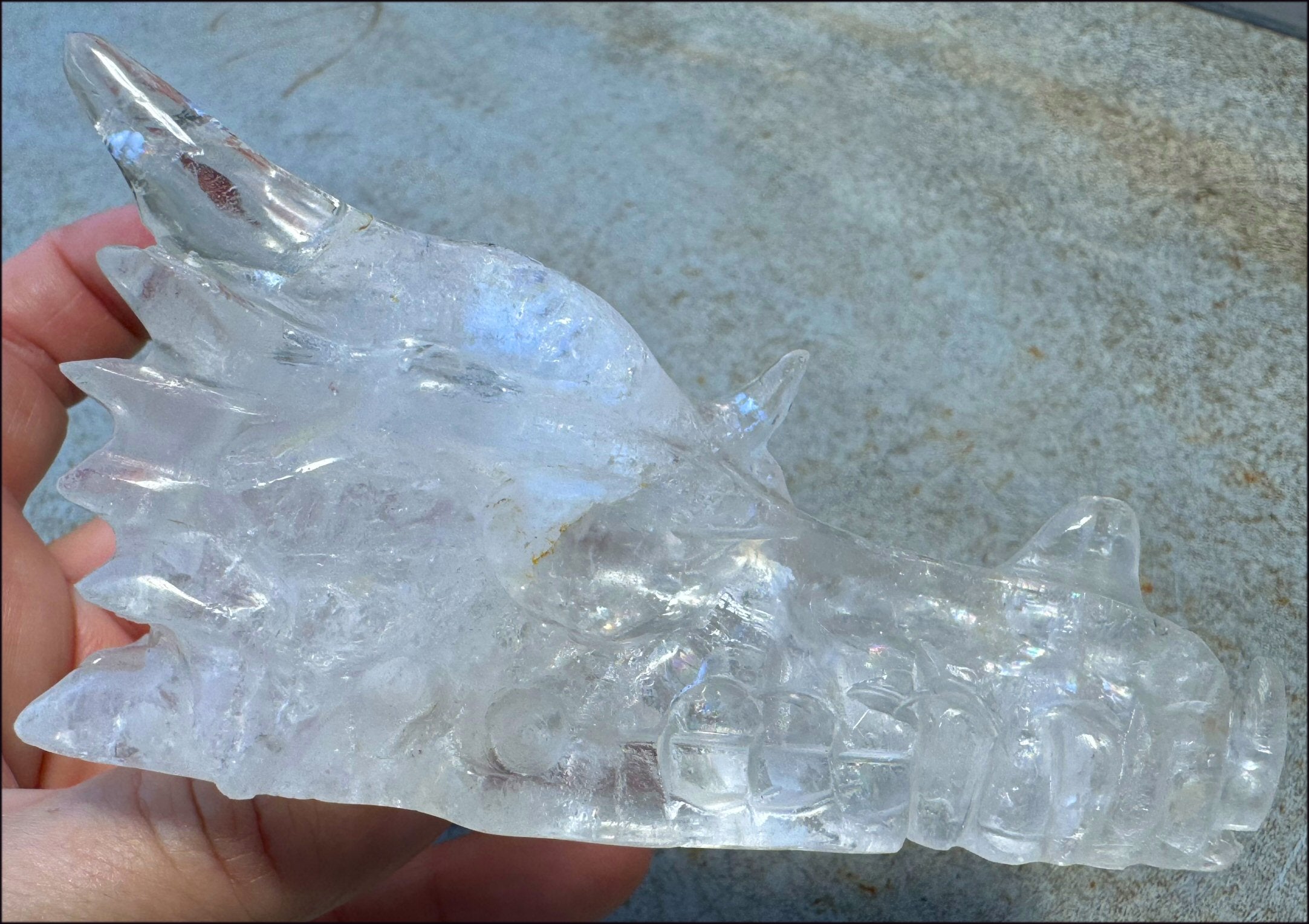 XL Quartz DRAGON Crystal Skull with Hematite, Lovely Rainbows