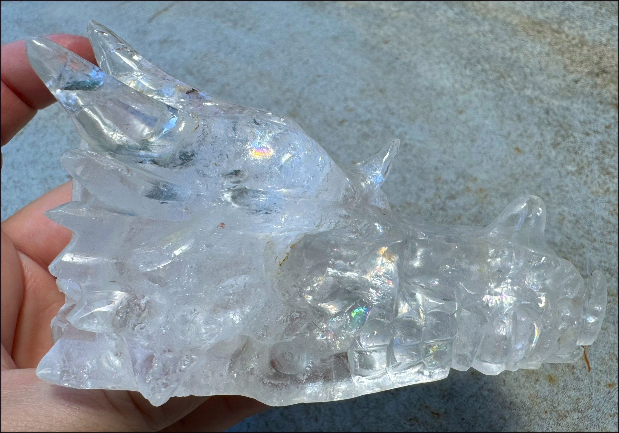 XL Quartz DRAGON Crystal Skull with Hematite, Lovely Rainbows