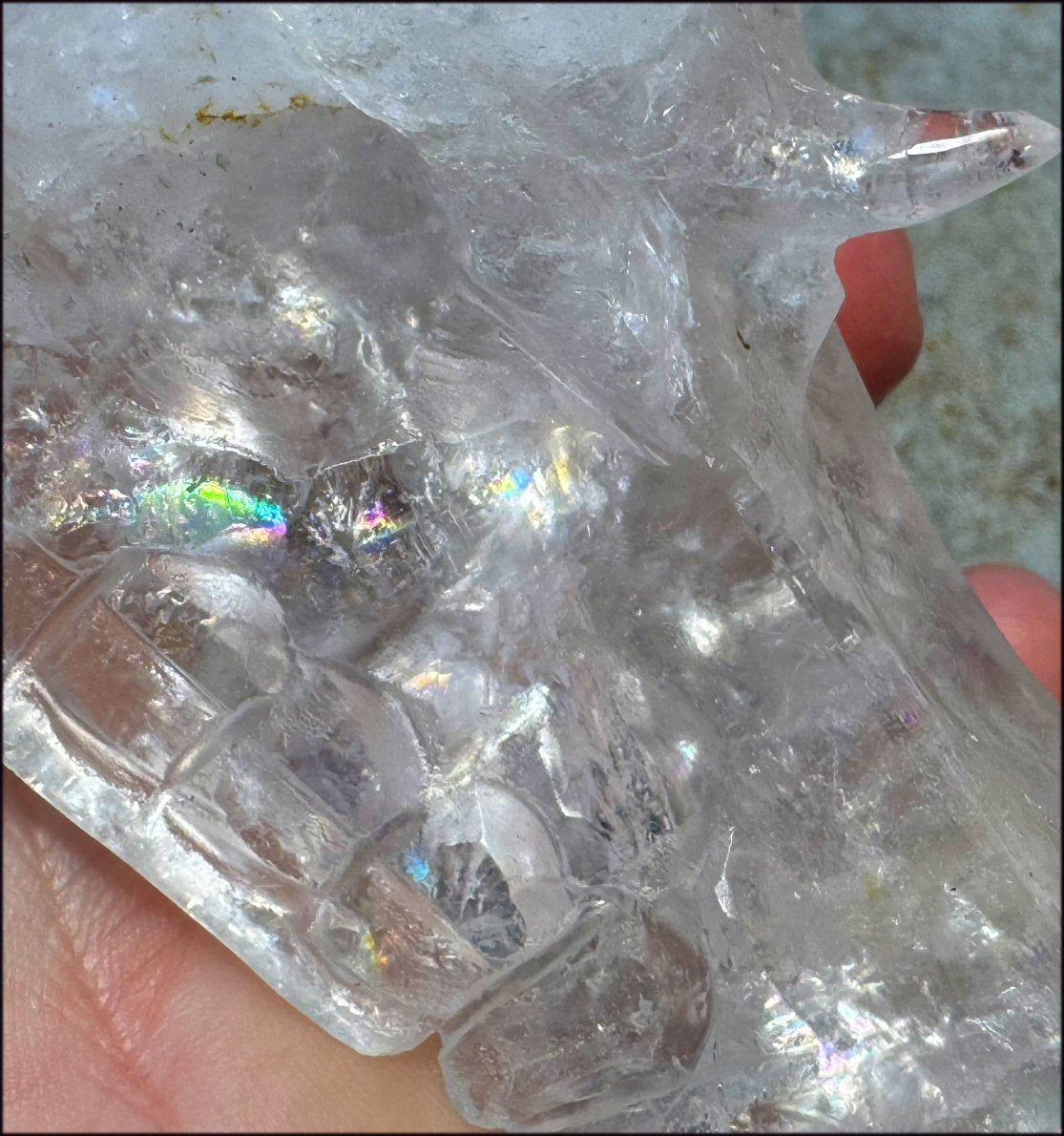 XL Quartz DRAGON Crystal Skull with Hematite, Lovely Rainbows