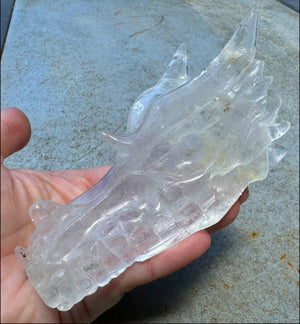 XL Quartz DRAGON Crystal Skull with Hematite, Lovely Rainbows