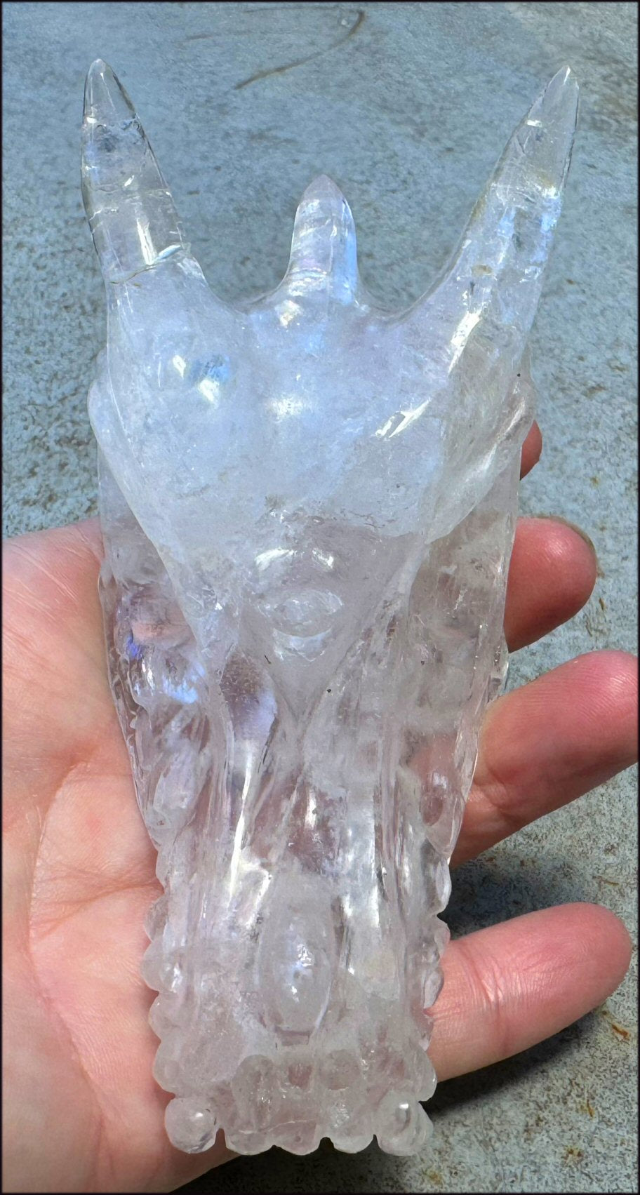 XL Quartz DRAGON Crystal Skull with Hematite, Lovely Rainbows