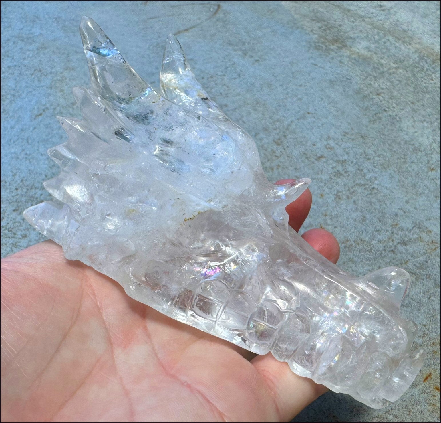 XL Quartz DRAGON Crystal Skull with Hematite, Lovely Rainbows