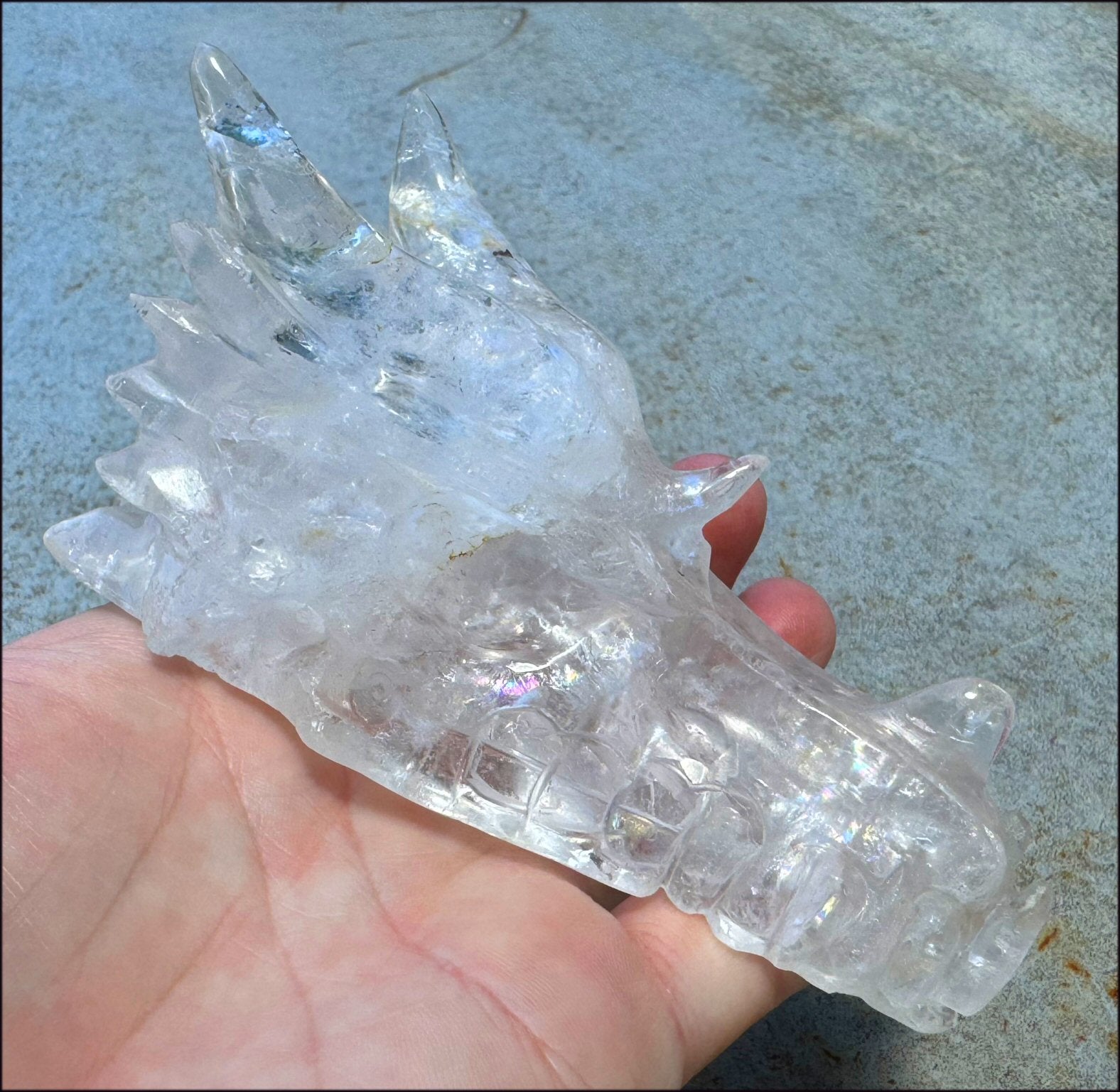 XL Quartz DRAGON Crystal Skull with Hematite, Lovely Rainbows