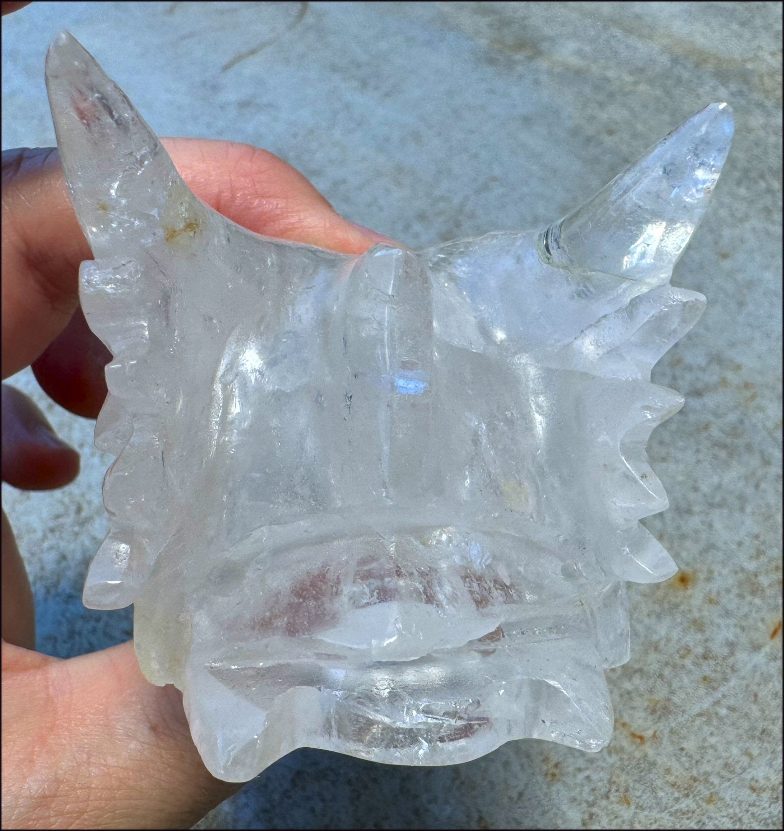 XL Quartz DRAGON Crystal Skull with Hematite, Lovely Rainbows