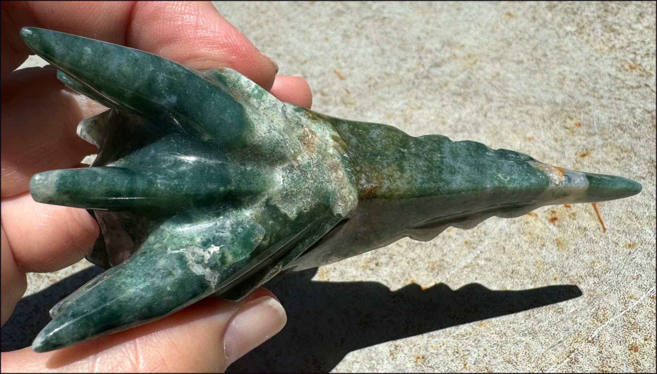 Lg. Moss Agate PHOENIX Crystal Skull - Re-birth, Heart Chakra