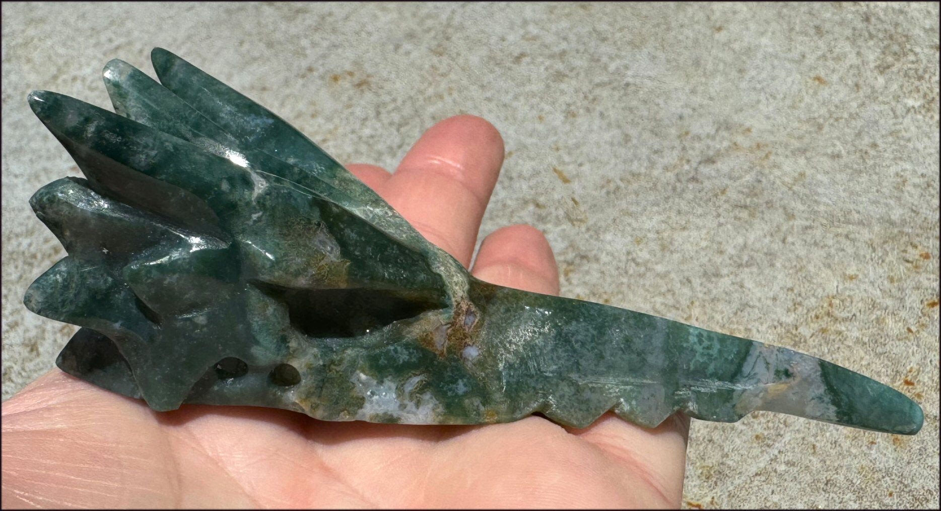 Lg. Moss Agate PHOENIX Crystal Skull - Re-birth, Heart Chakra