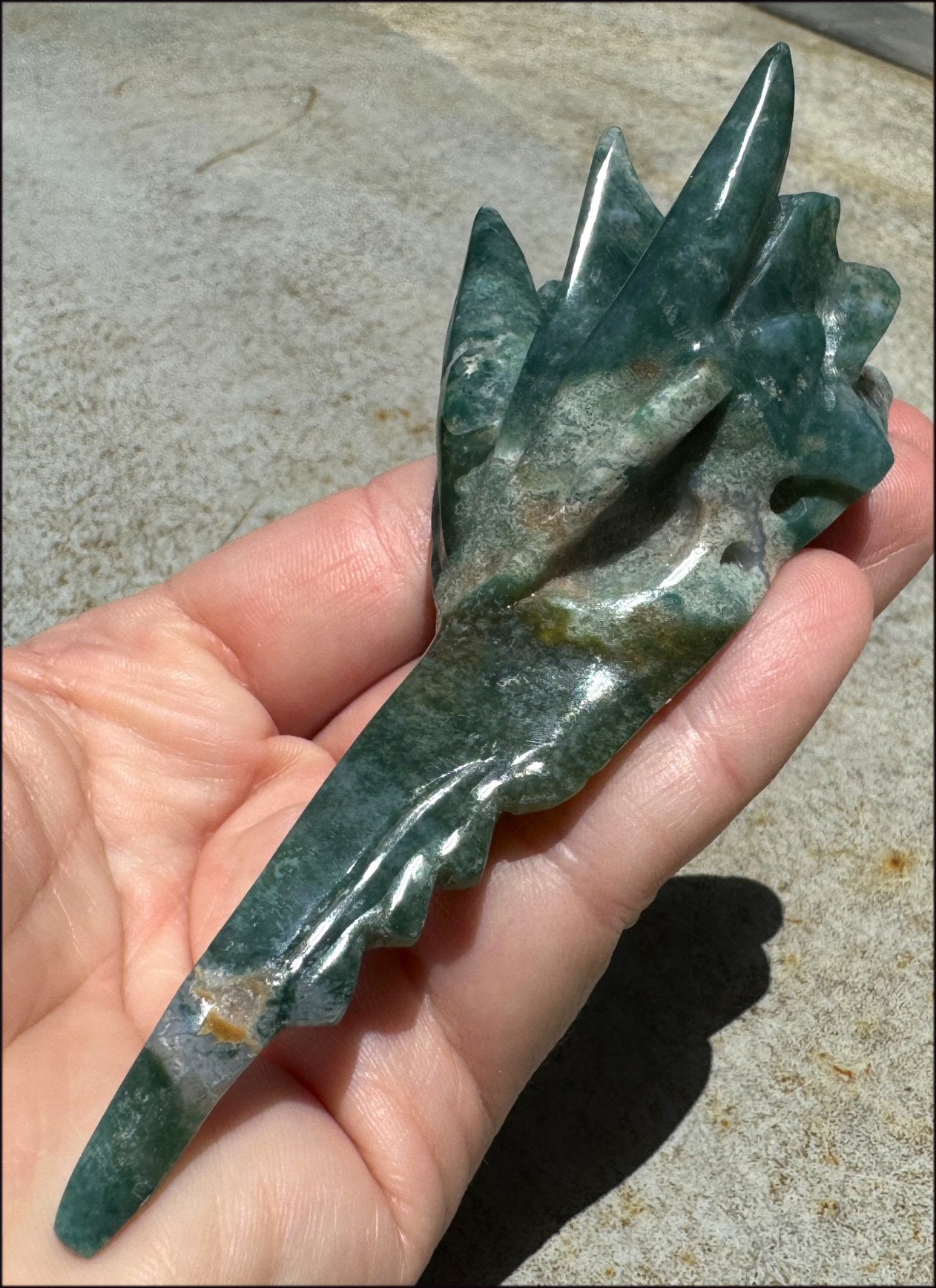 Lg. Moss Agate PHOENIX Crystal Skull - Re-birth, Heart Chakra