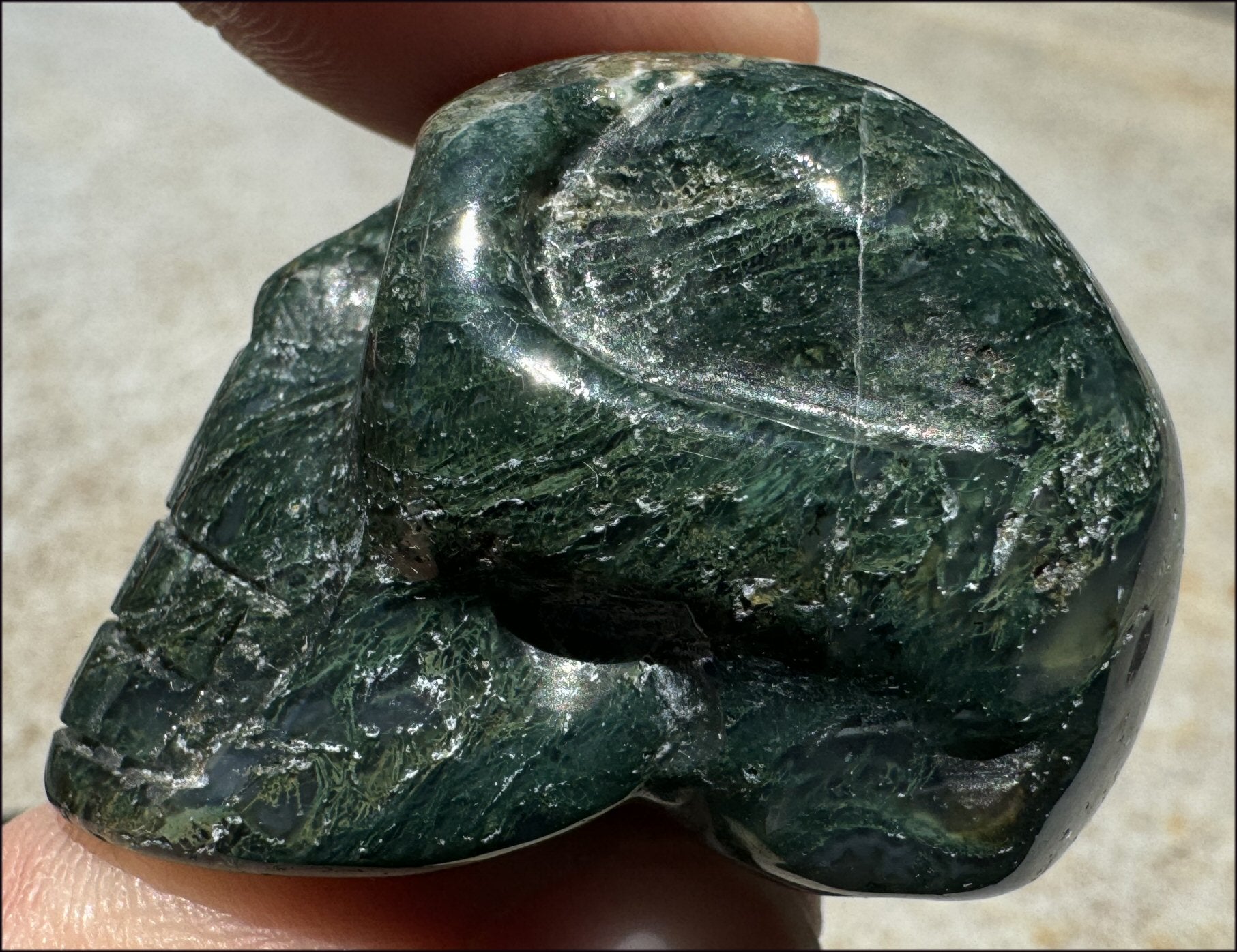 Moss Agate CRYSTAL SKULL - Abundance, Stone of Gardeners - with Synergy 9+ yrs