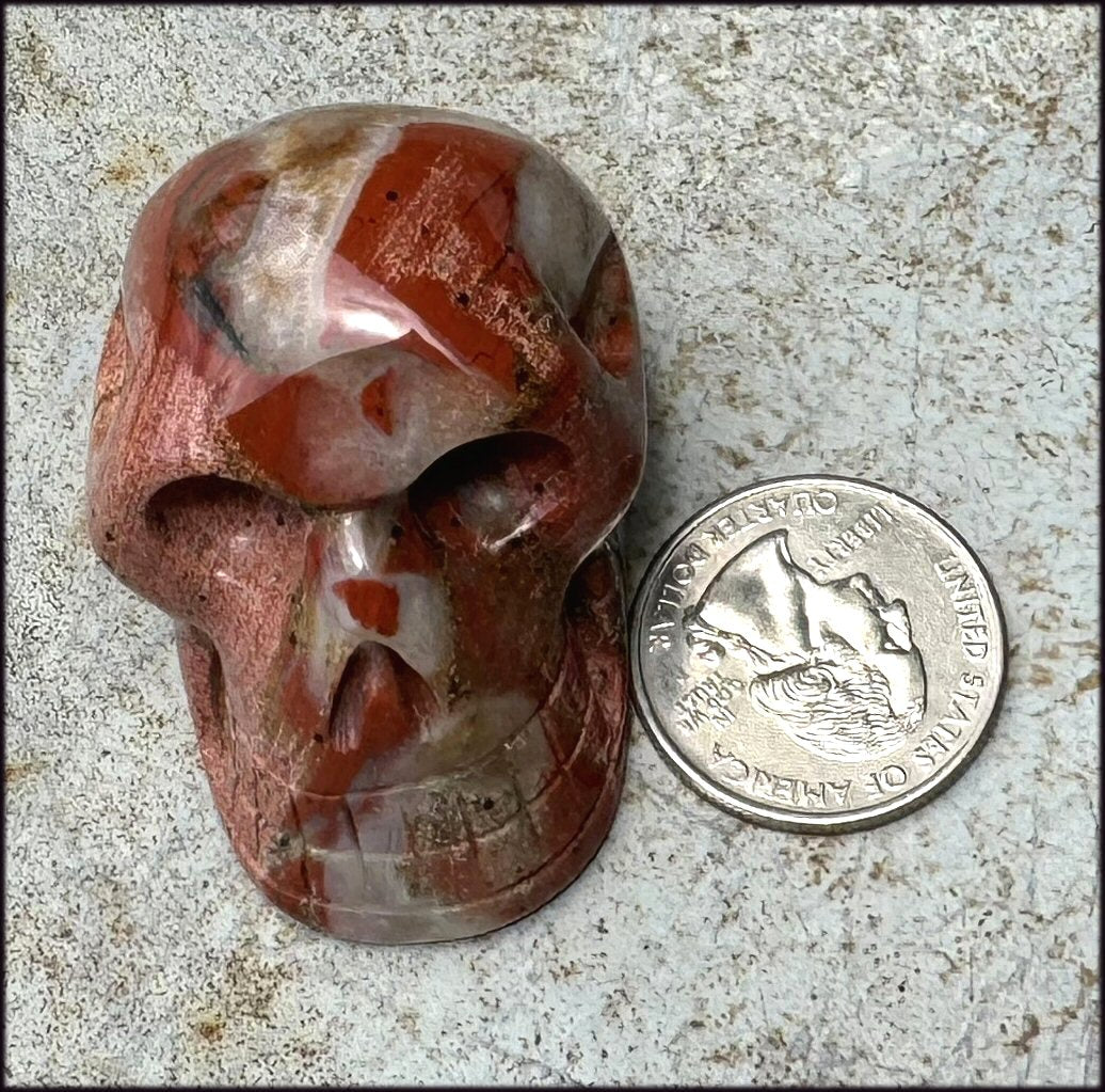 ~OOAK~ Red Silver Leaf Jasper CRYSTAL SKULL with Rutiles, Pyrite, LOTS of Agate