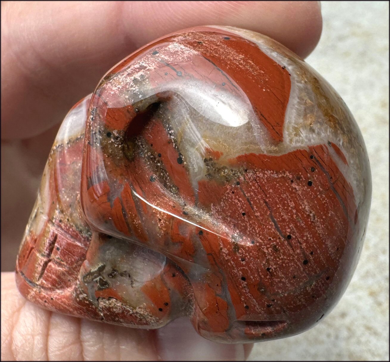 ~OOAK~ Red Silver Leaf Jasper CRYSTAL SKULL with Rutiles, Pyrite, LOTS of Agate