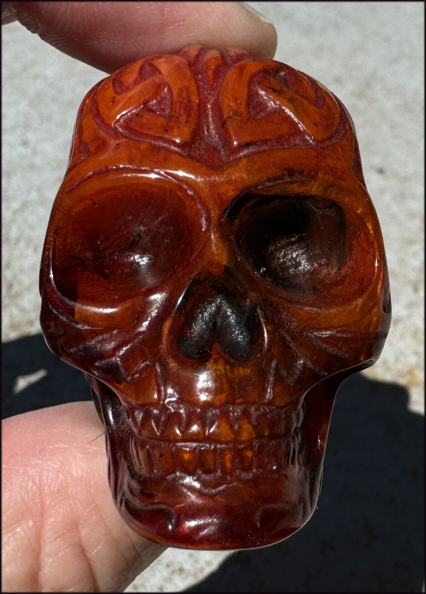 Reconstituted Amber Crystal Skull with Celtic Knot Finger Labyrinths