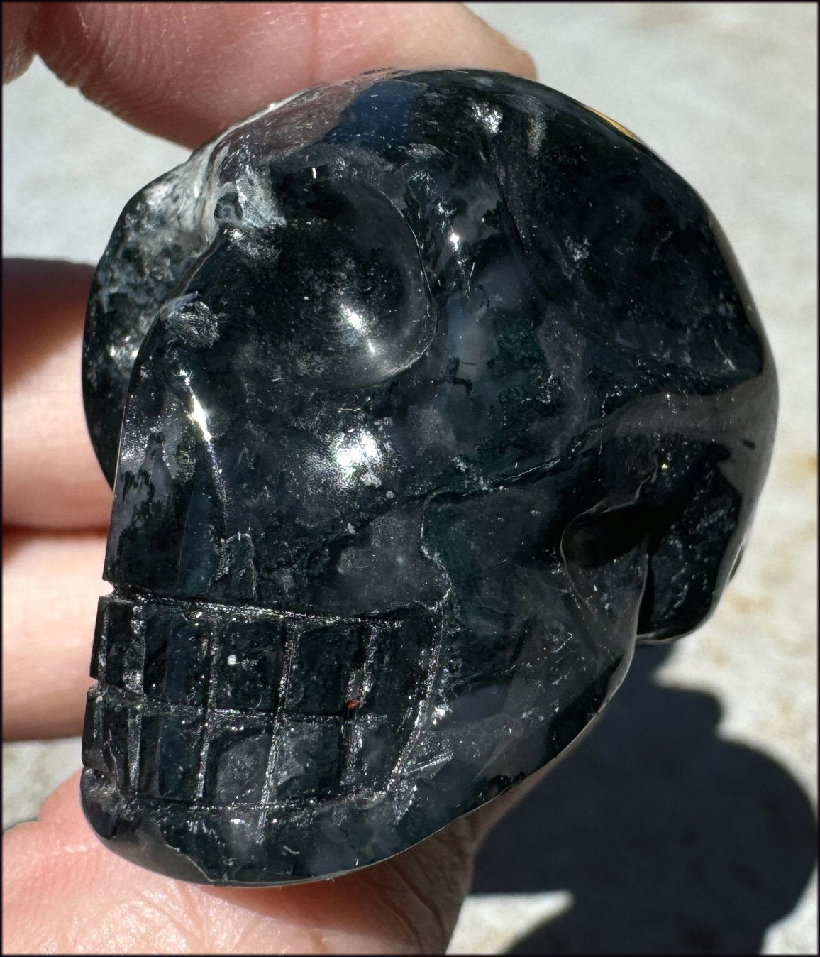 Moss Agate CRYSTAL SKULL - Abundance, Stone of Gardeners - with Synergy 9+ yrs